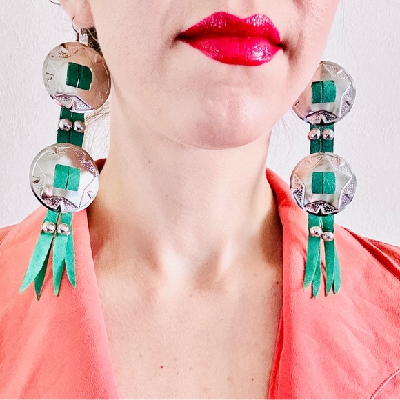 Handcrafted Turquoise Large Genuine Leather Western Silver Concho Earrings - Picture 3 of 6